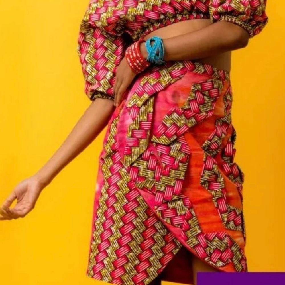 African Print Geometric Pink and Orange Wrap Skirt